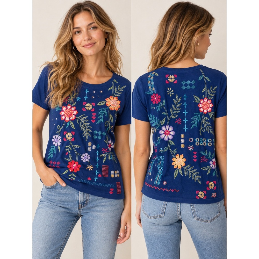 Johnny Was Blue Floral Embroidered Cotton T-Shirt XS J13524-26 Boho Crew Neck